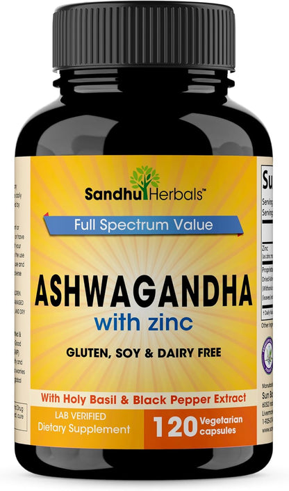 Organic Ashwagandha Capsules 120 Count | 4 in 1 with Zinc, Black Pepper & Holy Basil Extract | Immune Health, Extra Strength Stress, Mood & Energy Support | Non-GMO | For Men & Women | 2 Month Supply