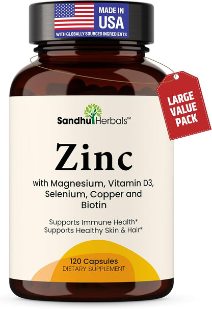 SANDHUHERBALS Zinc 50mg Bundle with Zinc 30mg Vitamin D3, Magnesium, Selenium, Vitamin B6, B7 (Biotin), Copper | Supports Immune, Skin, Hair & Nails Health