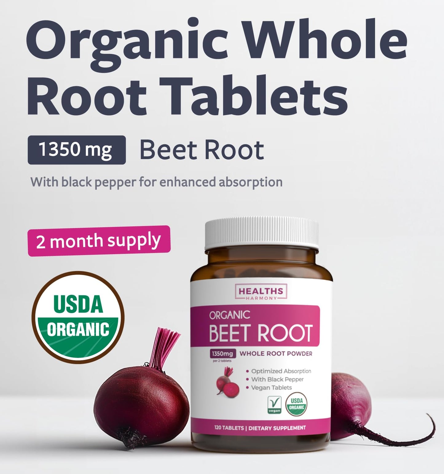 USDA Organic Beet Root Powder (120 Tablets) 1350mg Beets Per Serving with Black Pepper for Extra Absorption - Super Antioxidant and Nitrate Supplement for Athletic Performance and Stamina- No Capsules