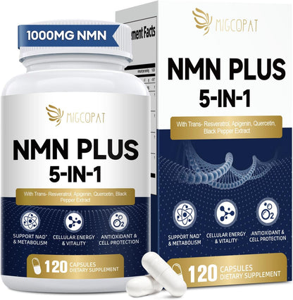 Migcopat NMN Supplement 1000mg – 5-in-1 NAD Supplement w/Resveratrol, Apigenin, Quercetin & Black Pepper – NMNH Alternative – Supports Cellular Energy, Healthy Aging & Longevity – 120 Veggie Capsules