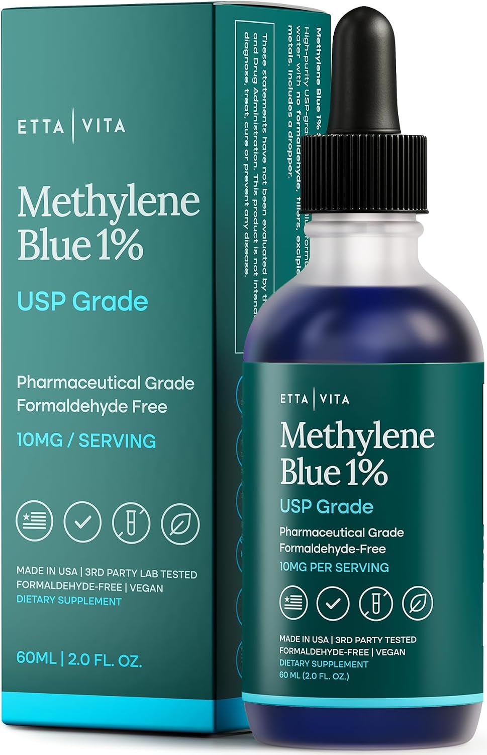 Methylene Blue Drops - USP Pharmaceutical Grade 99.99% Pure 1% Solution for Energy, Focus, Clarity, Cognition & Cellular Support - 3rd Party Tested, Formaldehyde-Free, Made in USA, 2oz Tincture