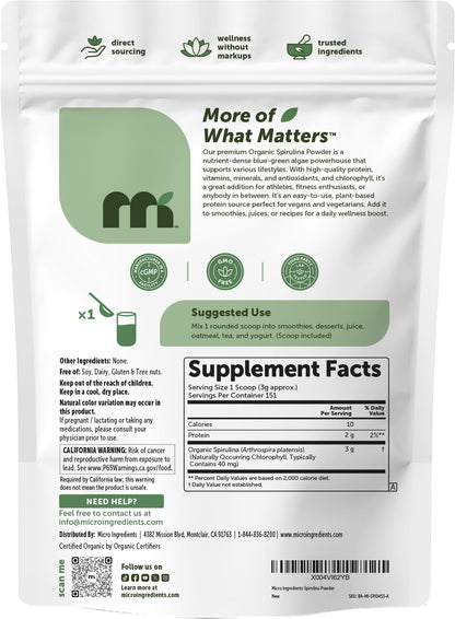 Organic Spirulina Powder, 1lb | Blue-Green Algae, Naturally Occurring Vegan Protein, Vitamins & Minerals | Source of Natural Chlorophyll & Enzymes | Non-GMO, Gluten-Free, No Additives