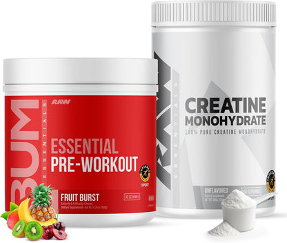 RAW Nutrition Creatine Monohydrate & Fruit Burst Pre-Workout Powder Bundle
