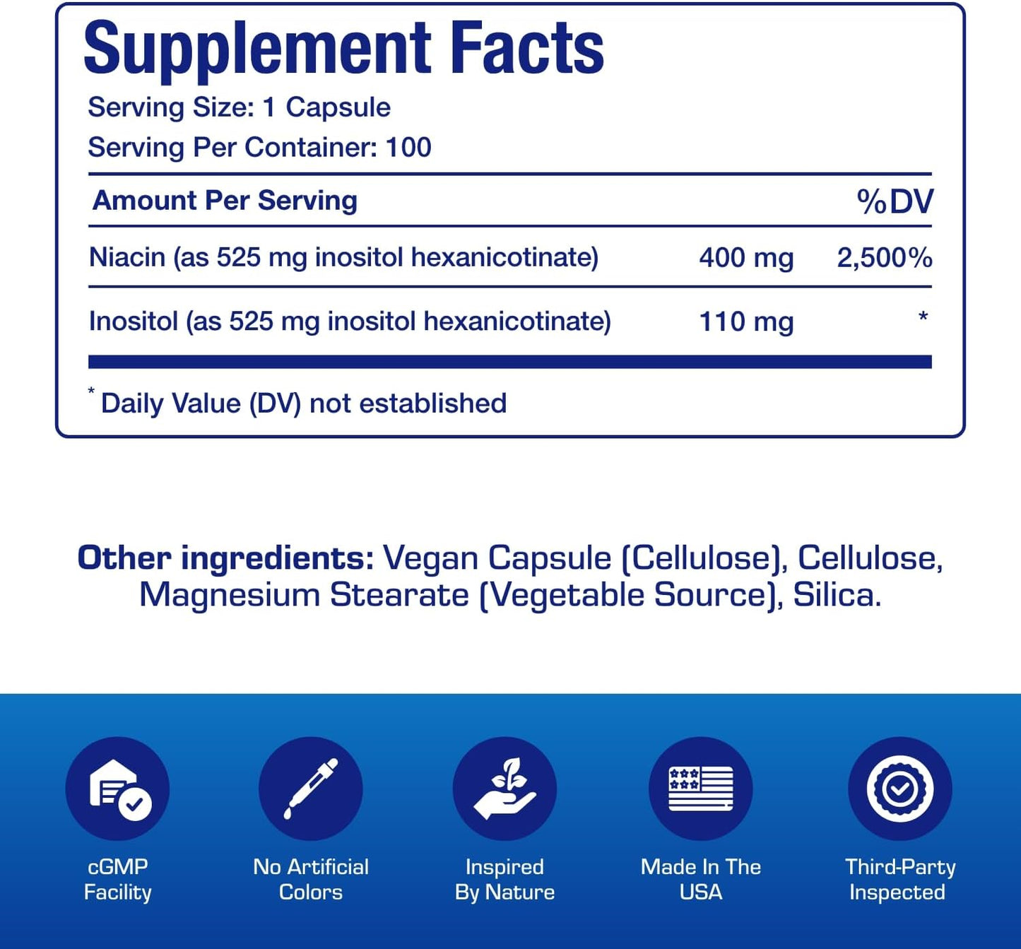 High Absorption Vitamin B3 Niacin Flush Free - Clinical Formula Flush Free Niacin Supplement from Inositol Hexanicotinate for Heart Skin & Nerve Support - Vegan Non-GMO Made in The USA - 100 Servings