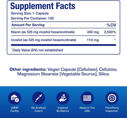 High Absorption Vitamin B3 Niacin Flush Free - Clinical Formula Flush Free Niacin Supplement from Inositol Hexanicotinate for Heart Skin & Nerve Support - Vegan Non-GMO Made in The USA - 100 Servings