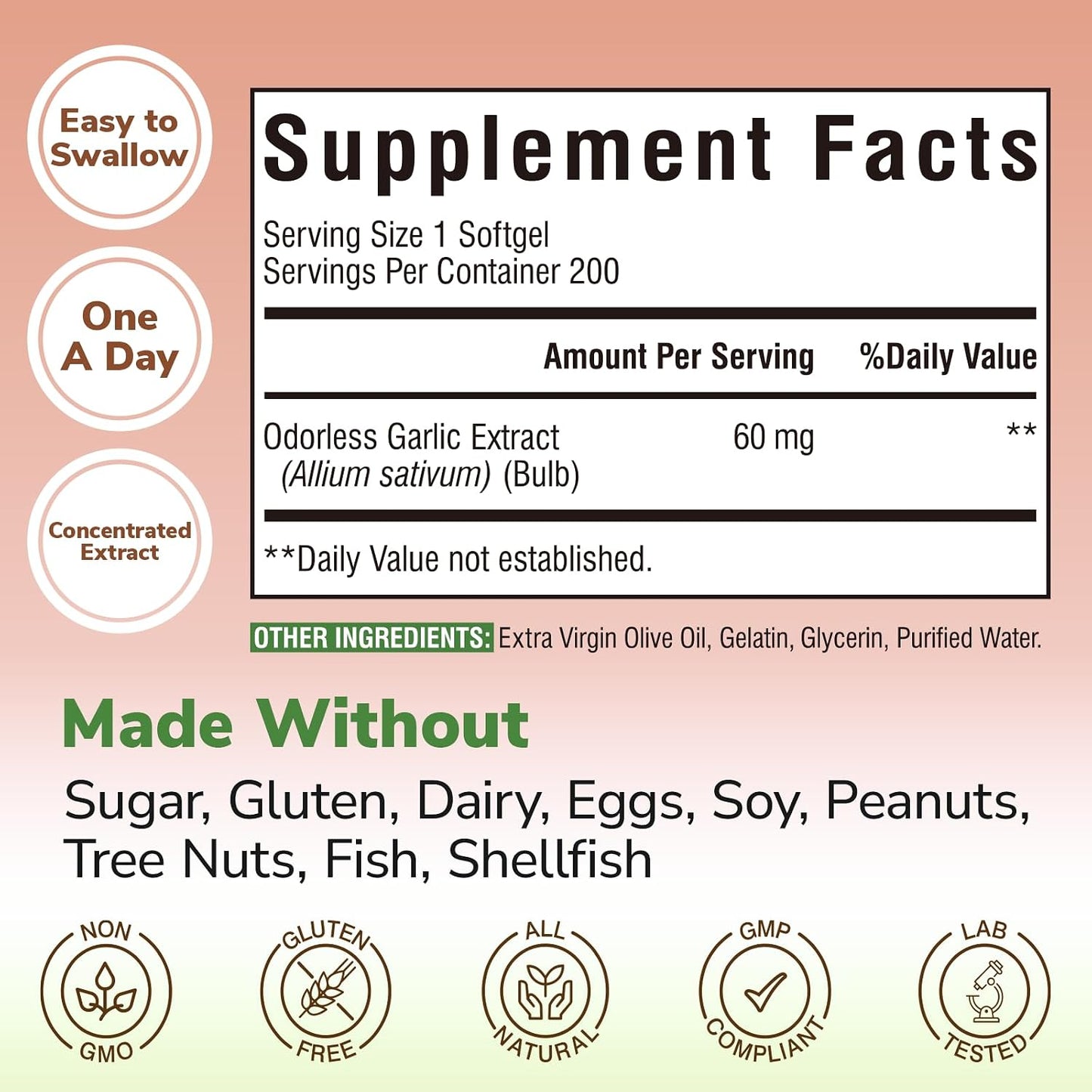 Odorless Garlic Oil, Maximum Potency, Concentrated Extract, Non-GMO, No Gluten, Heart & Immunity, Antioxidant Defense, 200 Softgels