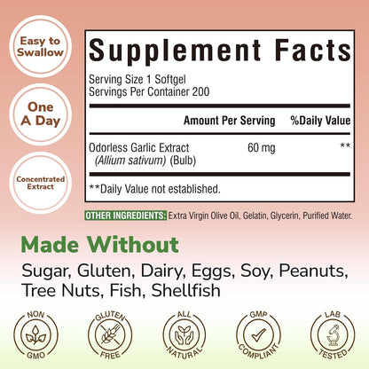 Odorless Garlic Oil, Maximum Potency, Concentrated Extract, Non-GMO, No Gluten, Heart & Immunity, Antioxidant Defense, 200 Softgels