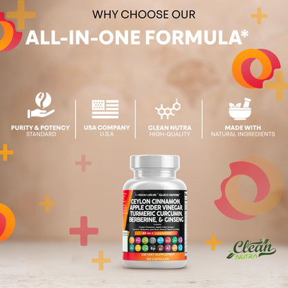 Clean Nutraceuticals Ceylon Cinnamon Capsules + Berberine Turmeric Apple Cider Vinegar Ginseng Bitter Melon (Karela) Gymnema Milk Thistle Fenugreek Supplement Pills Powder for Men & Women