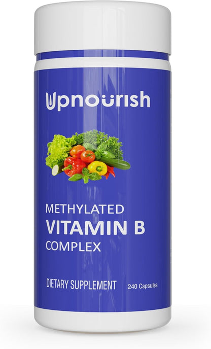 UpNourish Methylated B Complex Vitamins for Women and Men, 240 Veggies Capsules - Active Pure B Complex with Organic Fruits, Vegetables, B1 Thiamine, B2 Riboflavin, B3 Niacin, Folate, Methylcobalamin