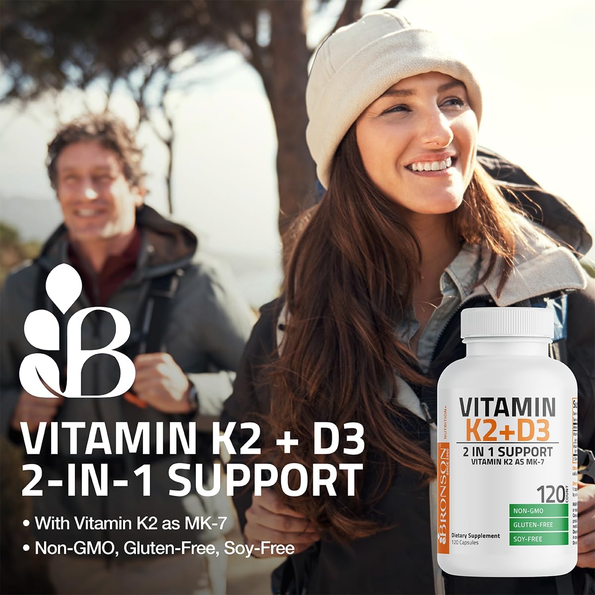 Bronson Vitamin K2 D3 (MK7) Supplement 2-in1 D3 & K2 Complex, 60 Capsules | Bone, Immune & Heart Health Support, Gluten Free, Soy Free, Non-GMO, Vitamin D3 5000IU (125 mcg) & 90 mcg K2 MK-7