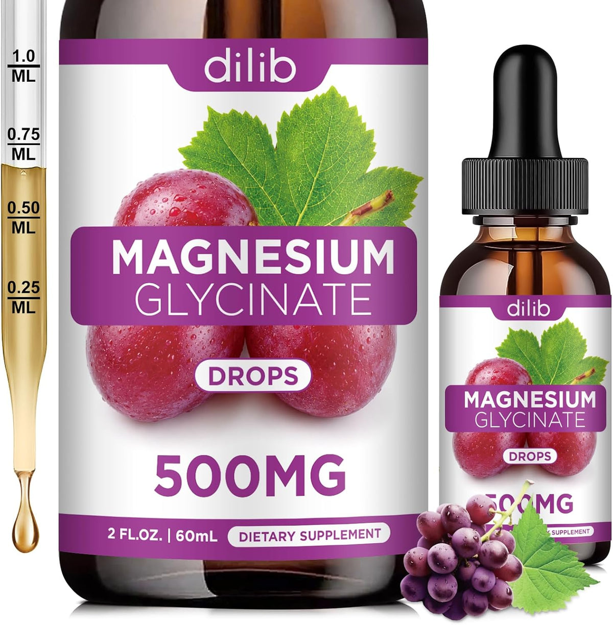Magnesium Glycinate Liquid Drops, Magnesium Glycinate Supplement 500mg with Calcium, Zinc, Vitamin B6, D3, L-Theanine, Omega 3 for Sleep, Mood, Stress Relief, Bone, Muscle, Grape Flavor 2 Fl Oz