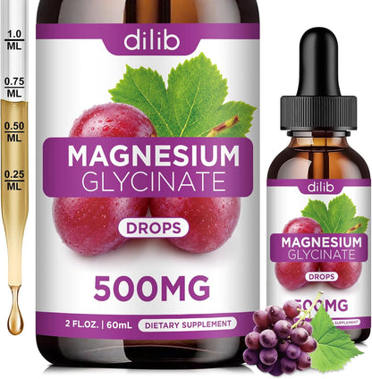 Magnesium Glycinate Liquid Drops, Magnesium Glycinate Supplement 500mg with Calcium, Zinc, Vitamin B6, D3, L-Theanine, Omega 3 for Sleep, Mood, Stress Relief, Bone, Muscle, Grape Flavor 2 Fl Oz