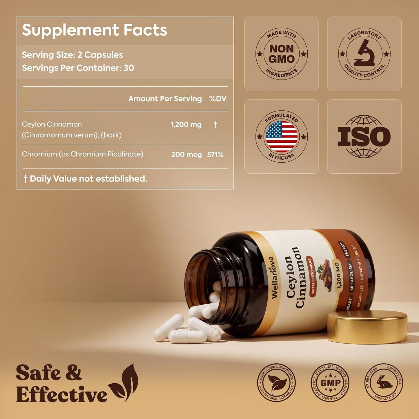 Ceylon Cinnamon Capsules Supplement with Chromium - 1,200 mg True Cinnamomum Verum, Chromium Picolinate 200 mcg - Heart, Metabolism & Energy Support - 60 Vegan Capsules
