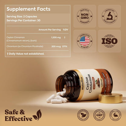 Ceylon Cinnamon Capsules Supplement with Chromium - 1,200 mg True Cinnamomum Verum, Chromium Picolinate 200 mcg - Heart, Metabolism & Energy Support - 60 Vegan Capsules