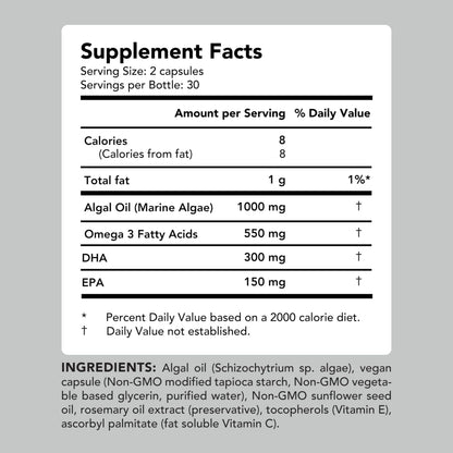 AMANDEAN Vegan Omega-3 Supplement, Algal Oil Algae DHA EPA Softgels, 120ct