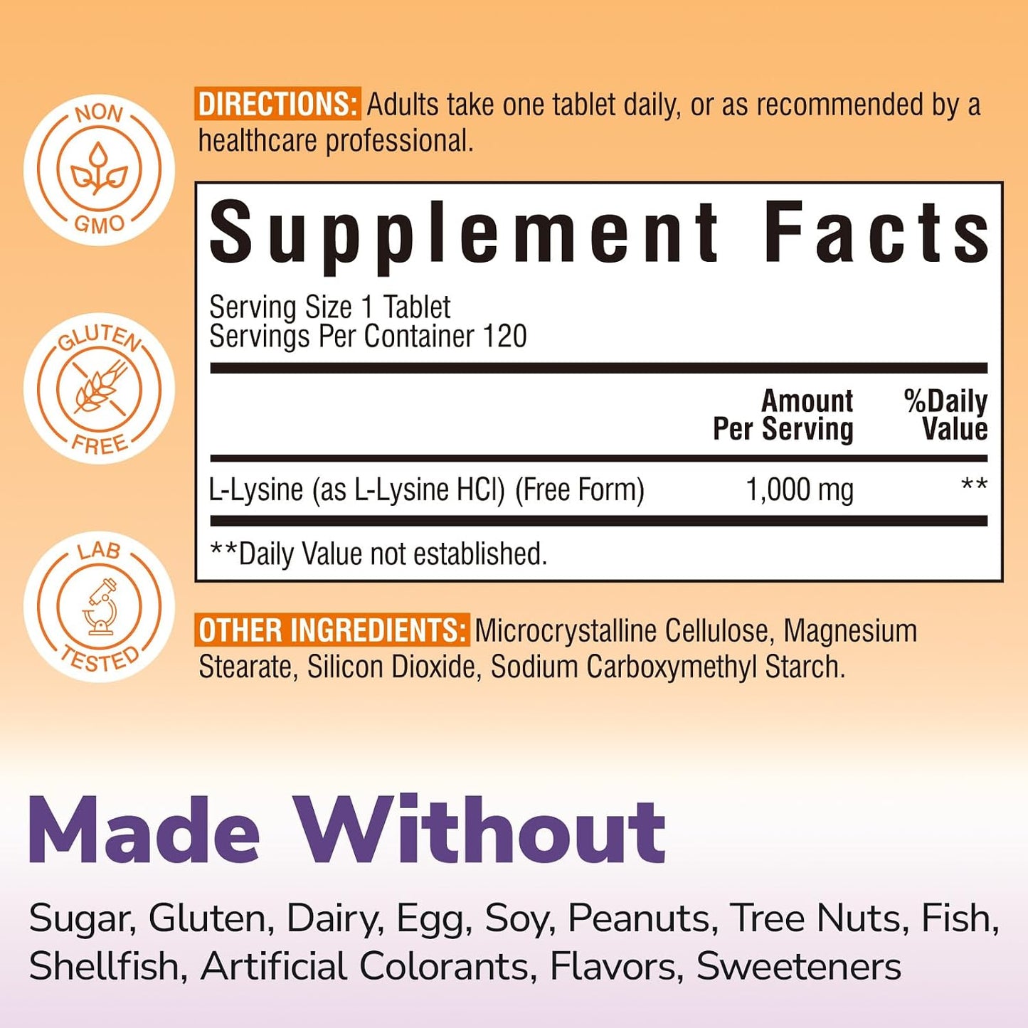 Vitalibre L-Lysine 1000 mg, High Potency L-Lysine HCl, Free Form Essential Amino Acid, Protein & Collagen Synthesis, Immune Support, Maximum Absorption, Vegan, 120 Tablets