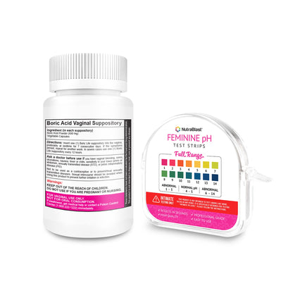 NutraBlast Boric Acid Vaginal Suppositories 600mg (30 Count) & Feminine pH Test Strips 1-14 (100-Tests Roll)