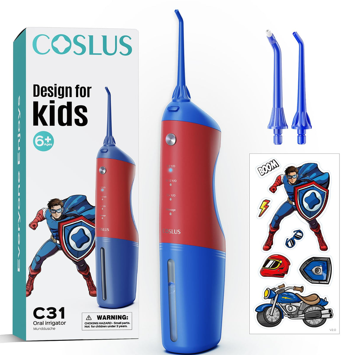 COSLUS C31 Kids Water Dental Flosser, Safe & Gentle for Ages 6+, Blue White