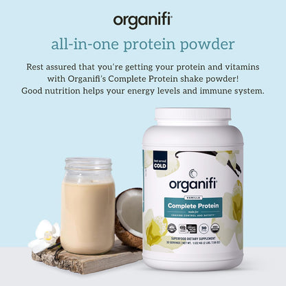 Organifi Complete Protein Vanilla Flavor - Organic Vegan Plant Based Protein Powder with Digestive Enzymes - 30 Day Supply - No Soy, Dairy, or Gluten