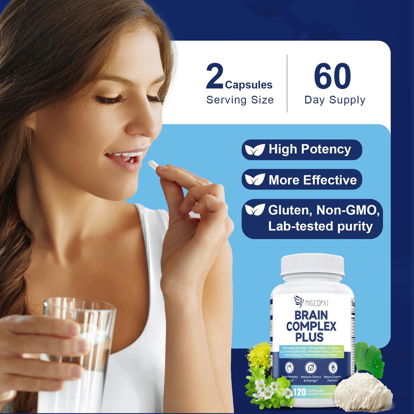Brain Supplements for Memory & Focus - Nootropic with Bacopa Monnieri, Lion's Mane, Alpha GPC, Phosphatidylserine | Supports Mental Clarity & Cognitive Function | Vitamin B6 & B12-120 Capsules
