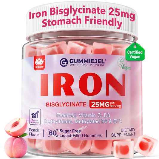 Iron Gummies for Women 25mg Plus Vitamin C, Beet Root, Vitamin B12, Folate for Iron Deficiency, Anemia, Energy Boost, Sugar Free Iron Supplement, Non-Constipating, No After Taste, 60 Cts