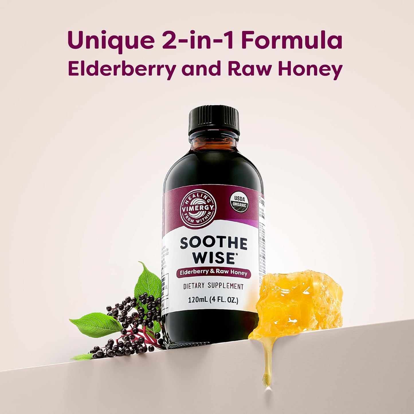 Vimergy Soothe Wise* – USDA Certified Organic – Immune Support with Elderberry & Honey – 24 5mL (1 TSP) Servings (940 mg Extract Per Serving) – Vegan, Paleo-Friendly, Gluten-Free (120 mL)