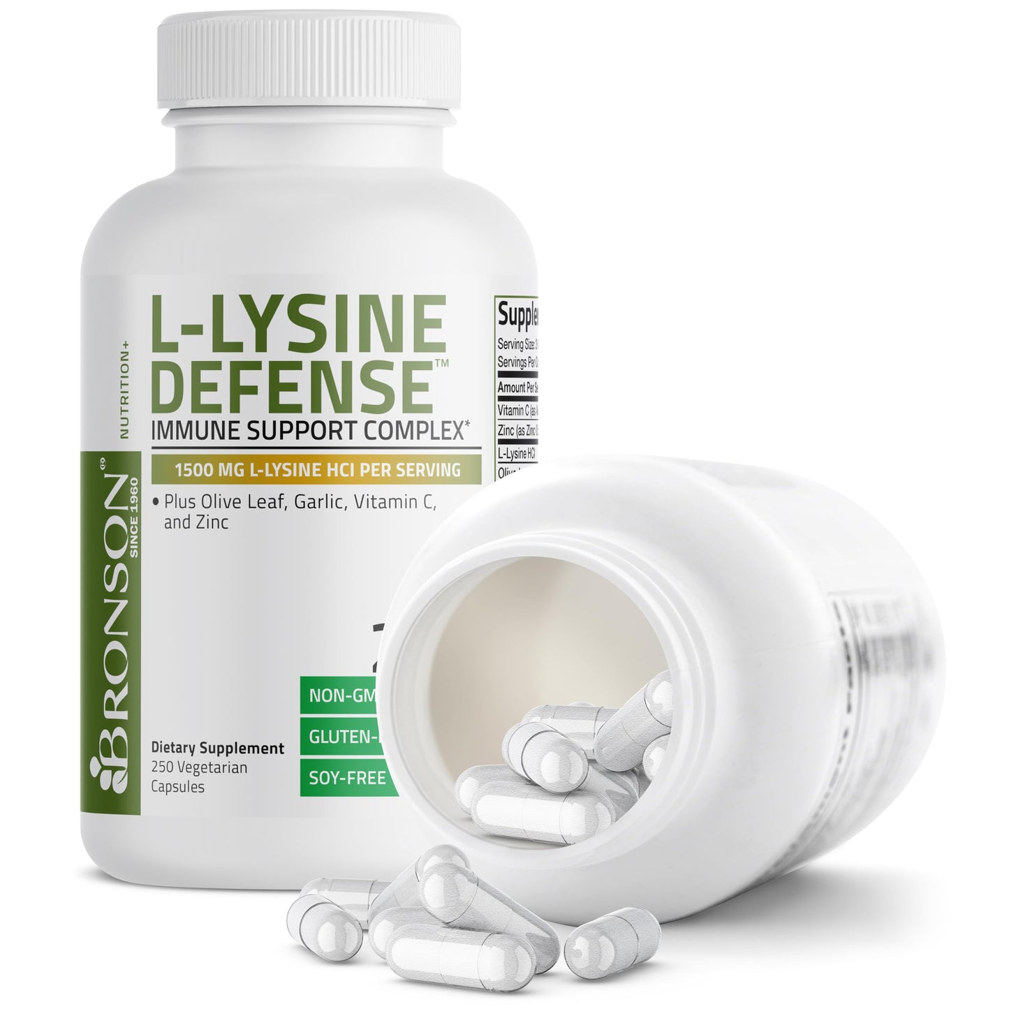 Bronson L-Lysine Defense Immune Support Complex, 1500 mg, 90 Capsules | Essential Amino Acid with Olive Leaf, Garlic, Vitamin C & Zinc, Vegetarian, Non-GMO, Gluten-Free & Soy-Free