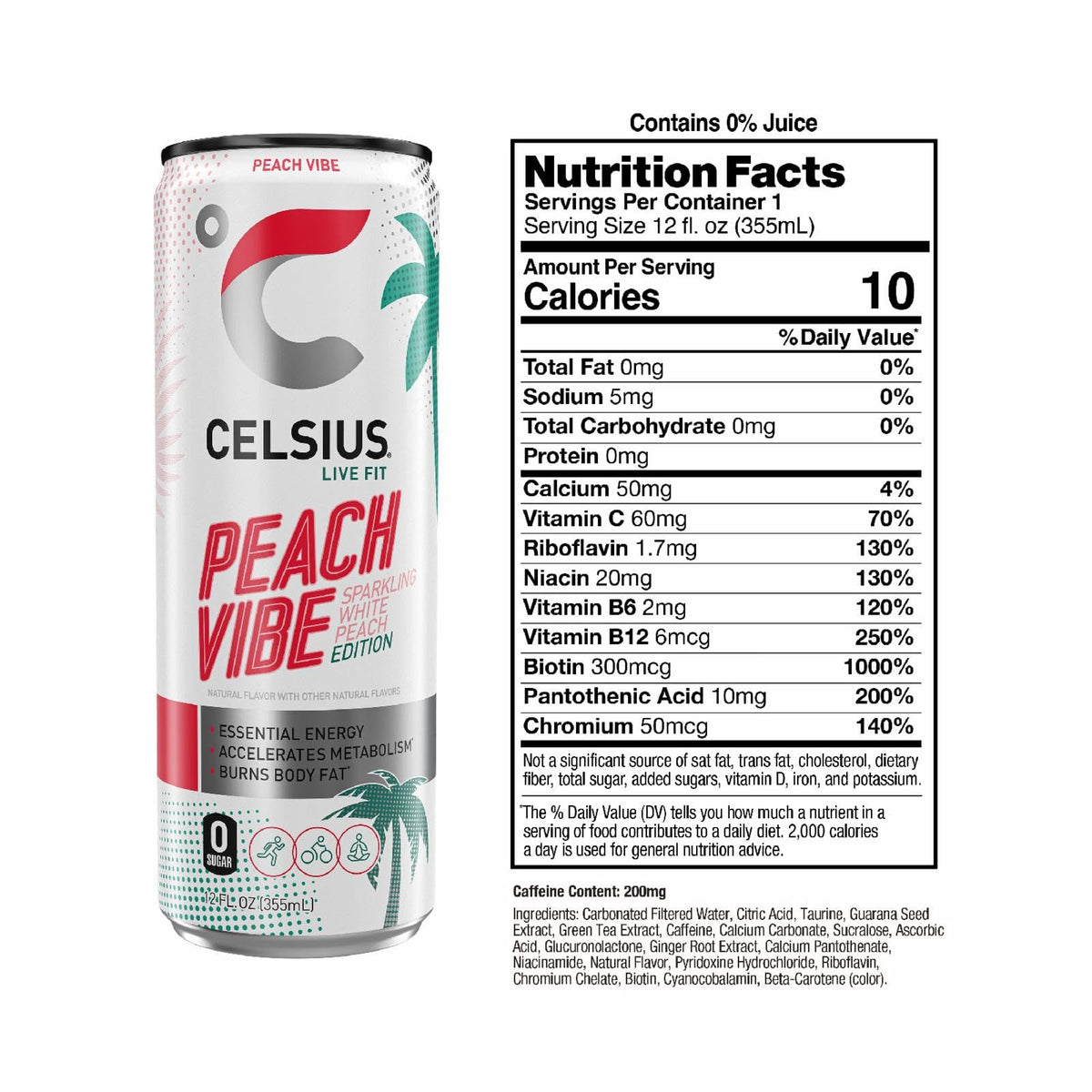 CELSIUS Sparkling Peach Vibe, Functional Essential Energy Drink, 12 Fl Oz