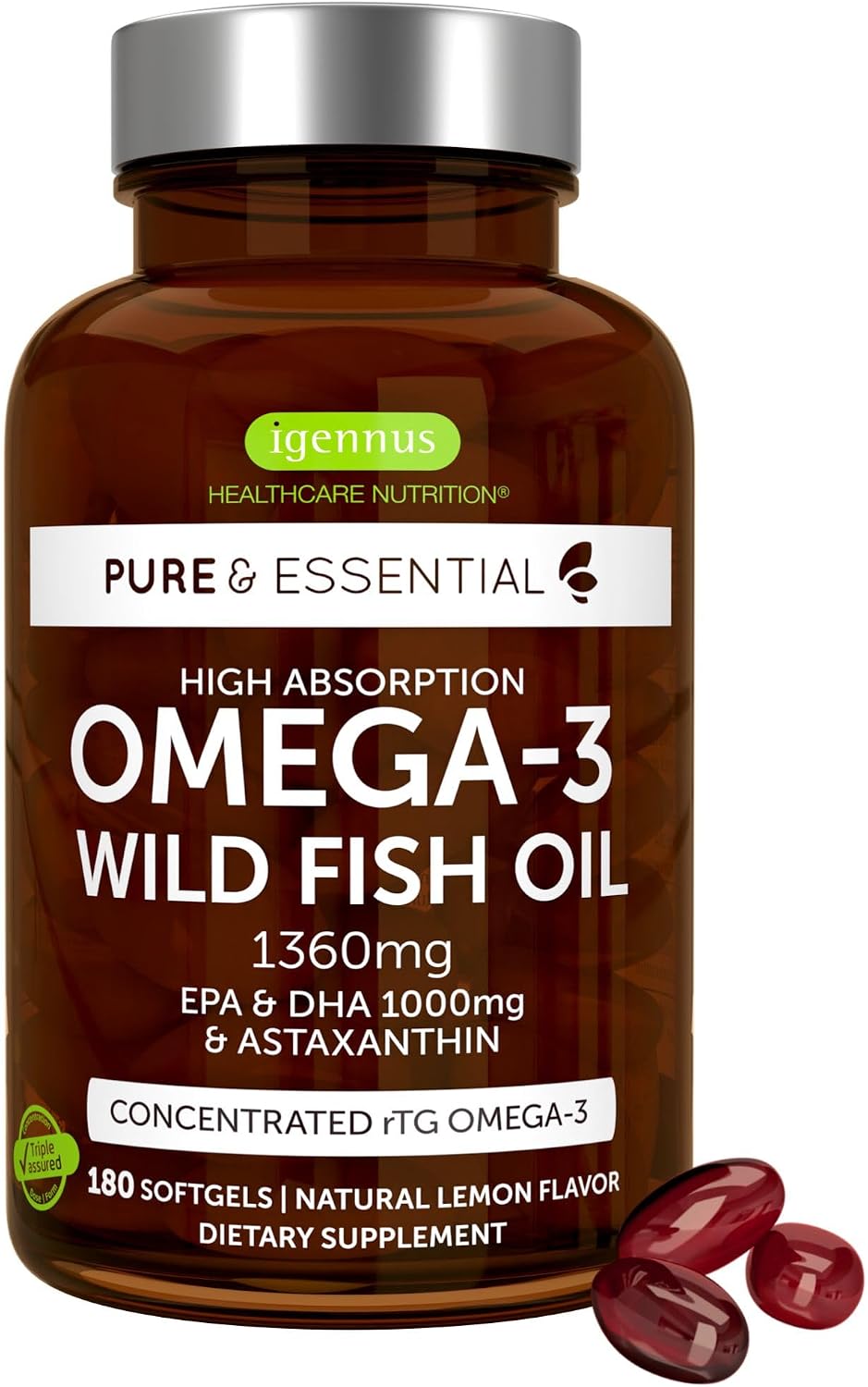Igennus Ultra Pure Omega 3 Triglyceride rTG Wild Fish Oil 1360mg, IFOS Certified, EPA DHA 1000mg Plus Astaxanthin, Non-GMO, for Men & Women, 180 Softgels