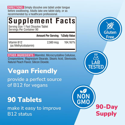 Vitalibre Vitamin B12 2500 mcg, Extra Strength Sublingual Methylcobalamin, Natural Peach Flavor, Nervous System, Energy Support, No Sugar, 90 Fast Dissolve Tablets
