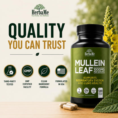 HerbaMe Mullein Leaf 1000mg, 120 Capsules - Daily Respiratory Support Supplement, Supports Breathing Comfort & Mucus Balance, Herbal Lung Support for Smokers, Men & Women