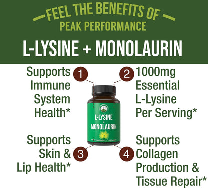Peak Performance L Lysine 1000mg + Monolaurin 500mg High Potency Supplement for Lips, Skin, & Immune Support - L-Lysine 2-in-1 Bioavailable Supplements for Men and Women - 60 Capsules