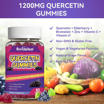 2 Pack Quercetin Gummies 1200MG, Quercetin Gummies with Bromelain, Zinc Vitamin C, Immune System Vegan Gummy for Adult & Kid, 120 Vegan