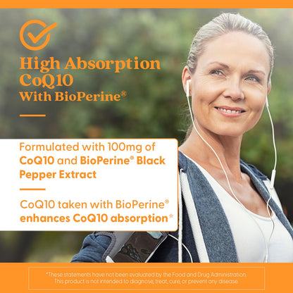 Doctor's Best High Absorption CoQ10 with BioPerine Supplement - Coenzyme Q10 Caps for Heart Health & Antioxidant Support, CoQ10 100mg for Women & Men, Non GMO, Naturally Fermented - 120 Veg Capsules