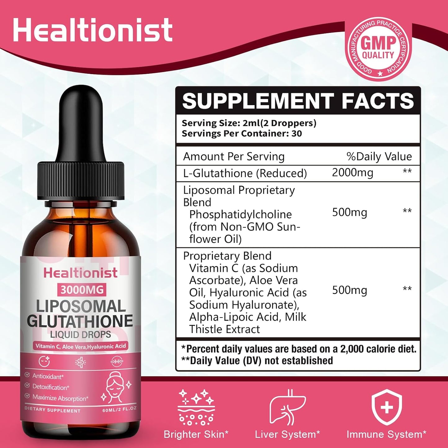 2 Pack 3000mg Liposomal Glutathione Liquid Drops with Vitamin C, 98% Absorption, Glutathione Liposomal Supplement, Powerful Antioxidant Complex for Immune System, Liver, 4 Fl Oz per Bottle