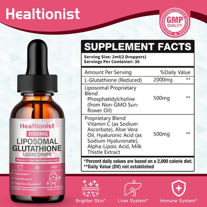 2 Pack 3000mg Liposomal Glutathione Liquid Drops with Vitamin C, 98% Absorption, Glutathione Liposomal Supplement, Powerful Antioxidant Complex for Immune System, Liver, 4 Fl Oz per Bottle