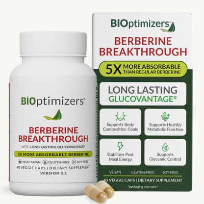 BIOptimizers Berberine Breakthrough Supplement - Metabolic Support –Healthy Metabolism - 60 Capsules – Vegetarian, Gluten-Free, Soy-Free