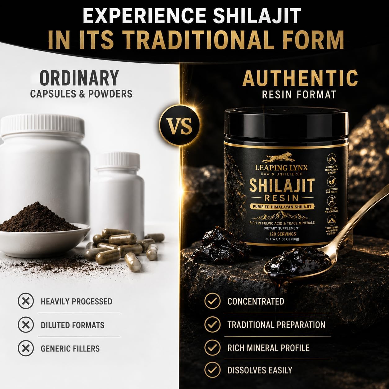 Resina Shilajit del Himalaya de 1,000 mg – 85+ oligominerales, ácido fúlvico orgánico de grado dorado | Cosechado alpino, secado al sol y purificado en laboratorio | Energía, vitalidad, apoyo inmunológico y cardiovascular | Sin OMG