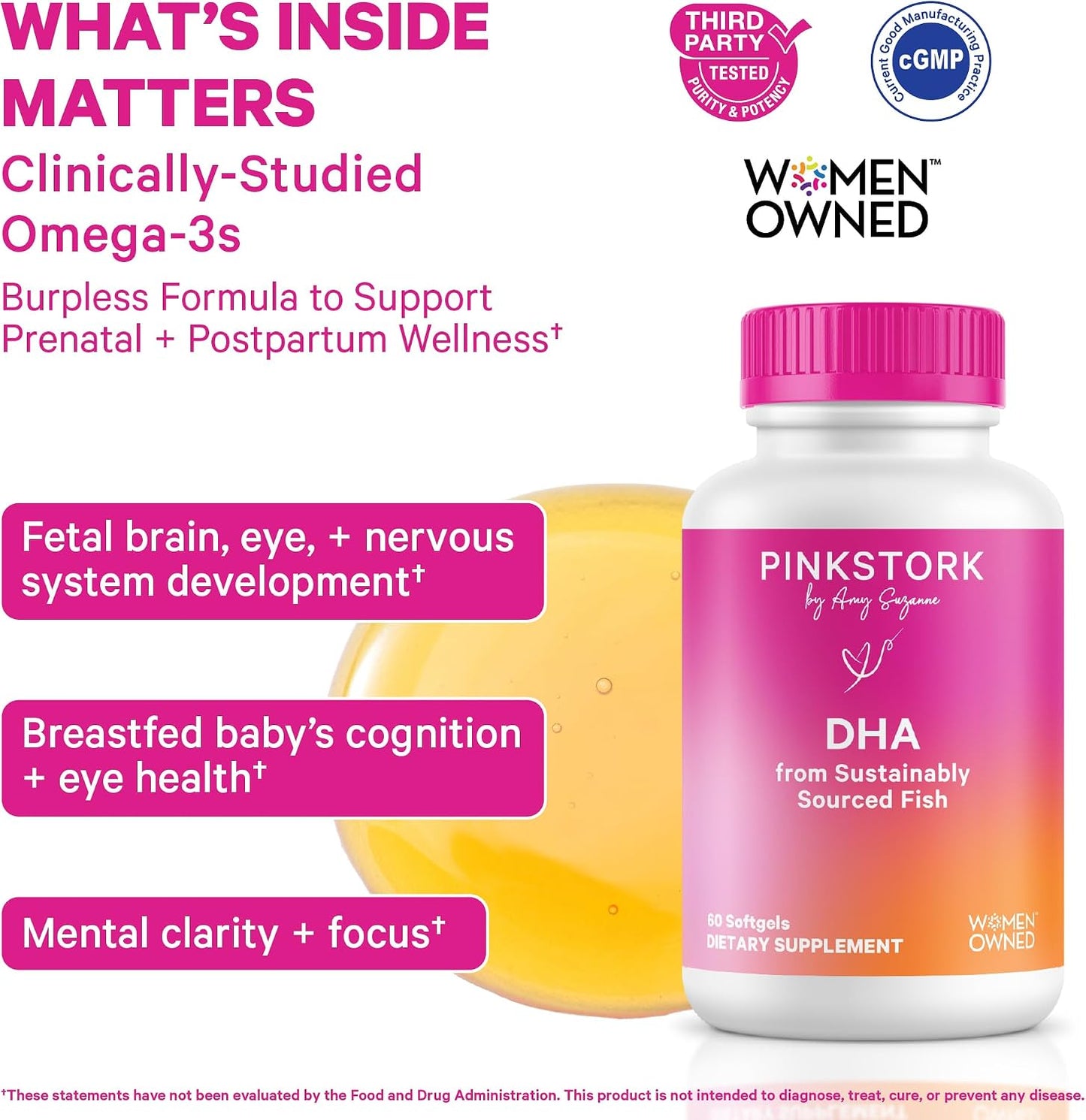 Pink Stork Omega-3 DHA - 540 mg Fish Oil Supplements with DHA and EPA, Prenatal and Postpartum Essentials for Cognitive Health + Fetal Development - 60 Softgels - Packaging May Vary