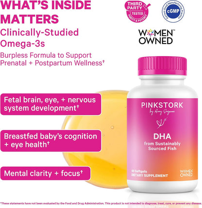 Pink Stork Omega-3 DHA - 540 mg Fish Oil Supplements with DHA and EPA, Prenatal and Postpartum Essentials for Cognitive Health + Fetal Development - 60 Softgels - Packaging May Vary