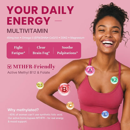 Totaria Multivitamin for Women with Vitamin A,B,C,D3,E,K2, Biotin, Collagen, Magnesium, Ashwagandha, Omega-3, Probiotic, Energy, Beauty, Stress, Calm, 30 Servings