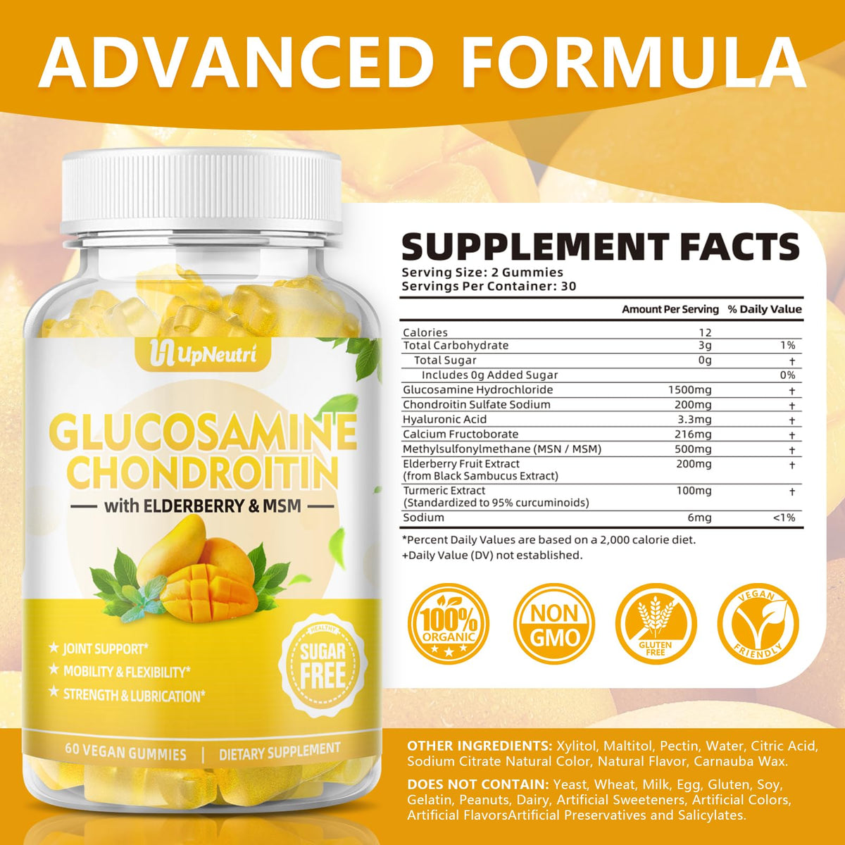 Sugar Free Glucosamine Chondroitin Gummies, Extra Strength 1500mg Glucosamine
