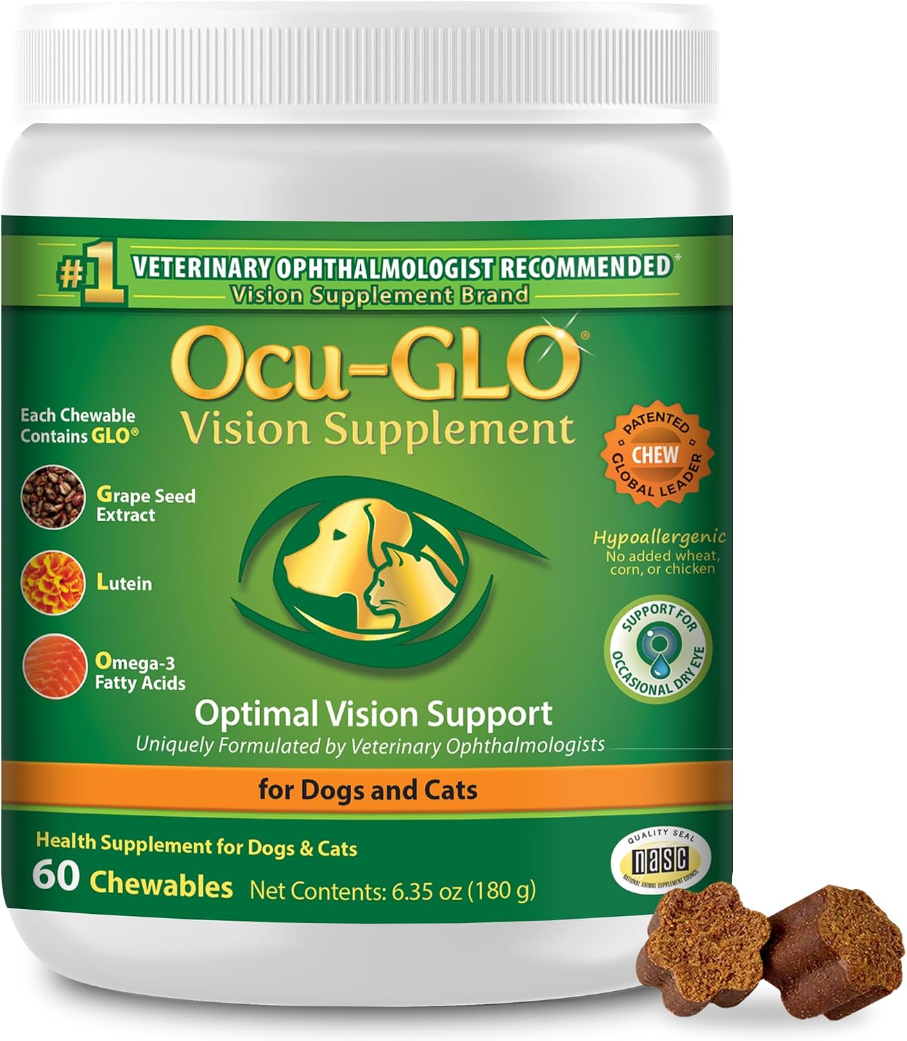 Cat & Dog Supplement for Eye Support - Chewable Vision Vitamins Supplements for Large and Small Pets Care with Lutein, Omega-3 Fatty Acids, Grape Seed Extract & Antioxidants