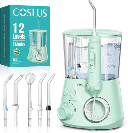 COSLUS E2 Water Dental Flosser for Teeth, Multi-User Family Use, Green