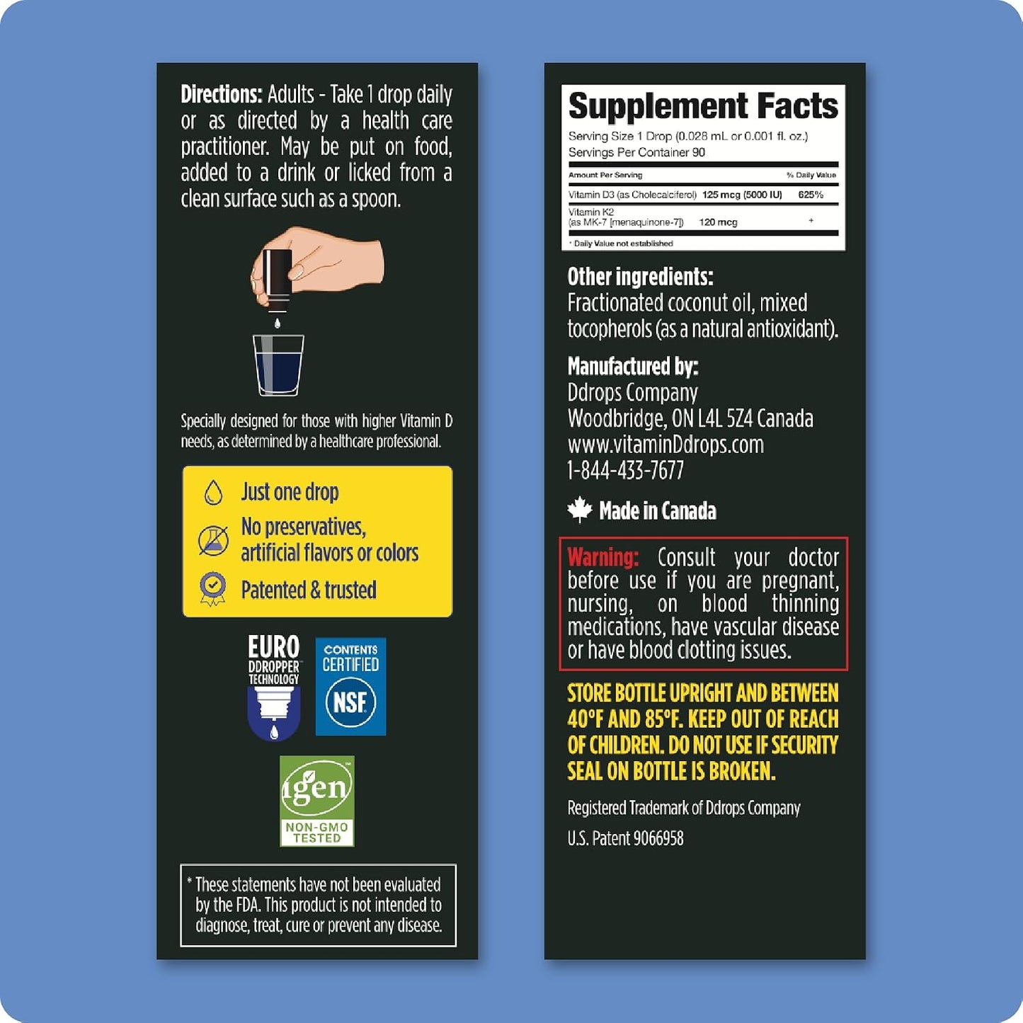 Ddrops Extra Strength 5000 IU Vitamin D3 + K2 90 Drops - Liquid Vitamin D3 & K2 (MK7) Supplement. Supporting Strong Bones, Immune System and Cardiovascular Health.