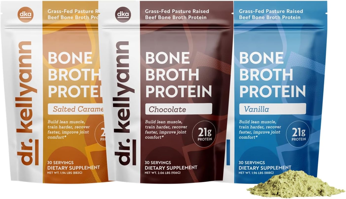 Dr. Kellyann Keto Bone Broth Protein Powder Bundle of (1) Chocolate, (1) Vanilla, & (1) Salted Caramel