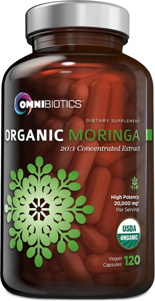 OmniBiotics Organic Moringa Capsules 1000mg Per Serving (120 Vegan Capsules) - Powerful 20:1 Moringa Oleifera Extract for Antioxidant, Immune & Cellular Support, Certified Kosher, Made in USA(60 Days)