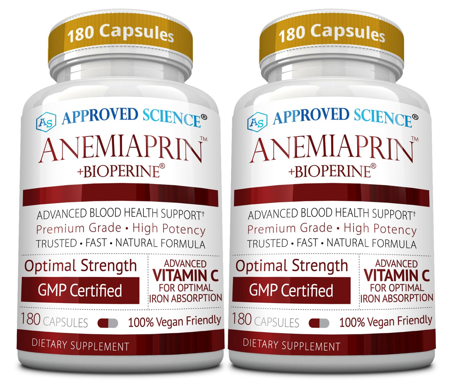 Approved Science Anemiaprin - Iron Bisglycinate with Vitamin C - Gentle On Stomach - Non Constipating Iron Supplement for Women and Men - Blood Support - with Folate and B12-3 Months - Vegan