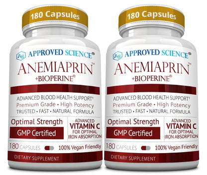 Approved Science Anemiaprin - Iron Bisglycinate with Vitamin C - Gentle On Stomach - Non Constipating Iron Supplement for Women and Men - Blood Support - with Folate and B12-3 Months - Vegan
