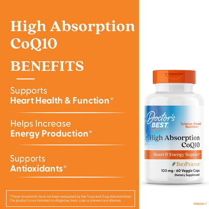 Doctor's Best High Absorption CoQ10 with BioPerine Supplement - Coenzyme Q10 Caps for Heart Health & Antioxidant Support, CoQ10 100mg for Women & Men, Non GMO, Naturally Fermented - 120 Veg Capsules
